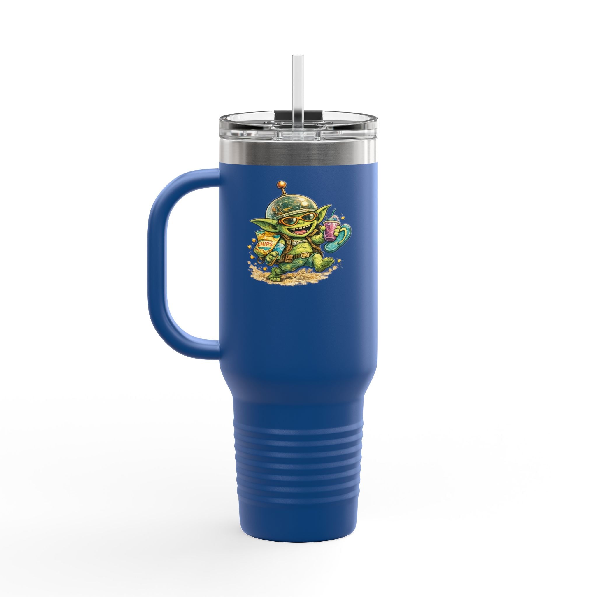 40oz Insulated Travel Mug — Cute Alien Beach Cartoon Tumbler with Handle
