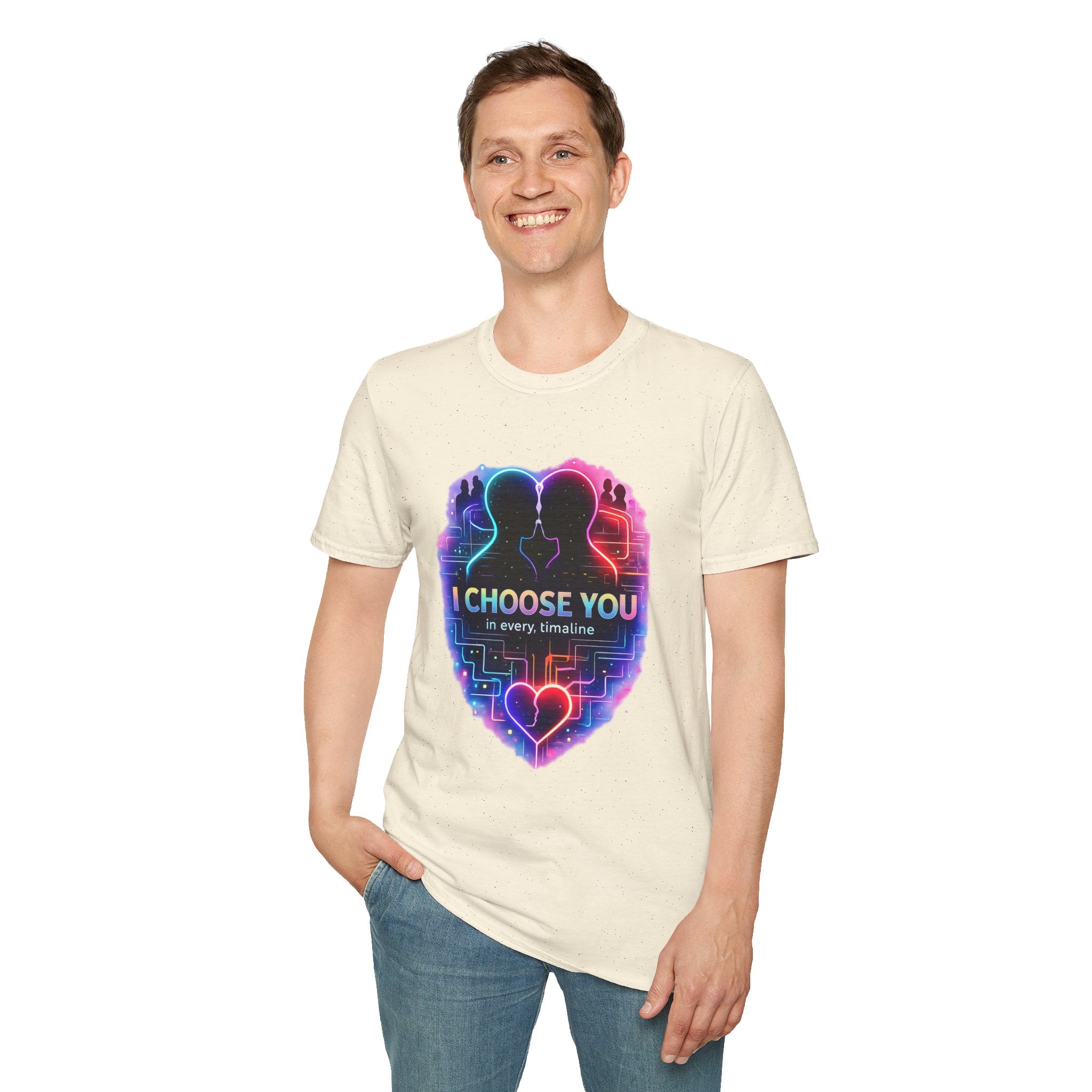 I Choose You  in Every Timeline silhouette heart T-Shirt | Neon LBGTQ couple, love phrase