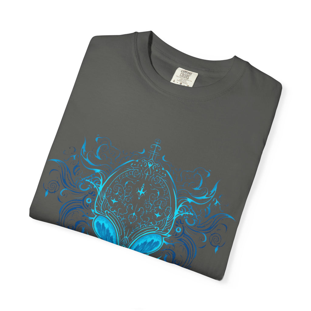 Alien Mask Ornate chinoiserie Blue T-Shirt | Mystical Alien Face Tee