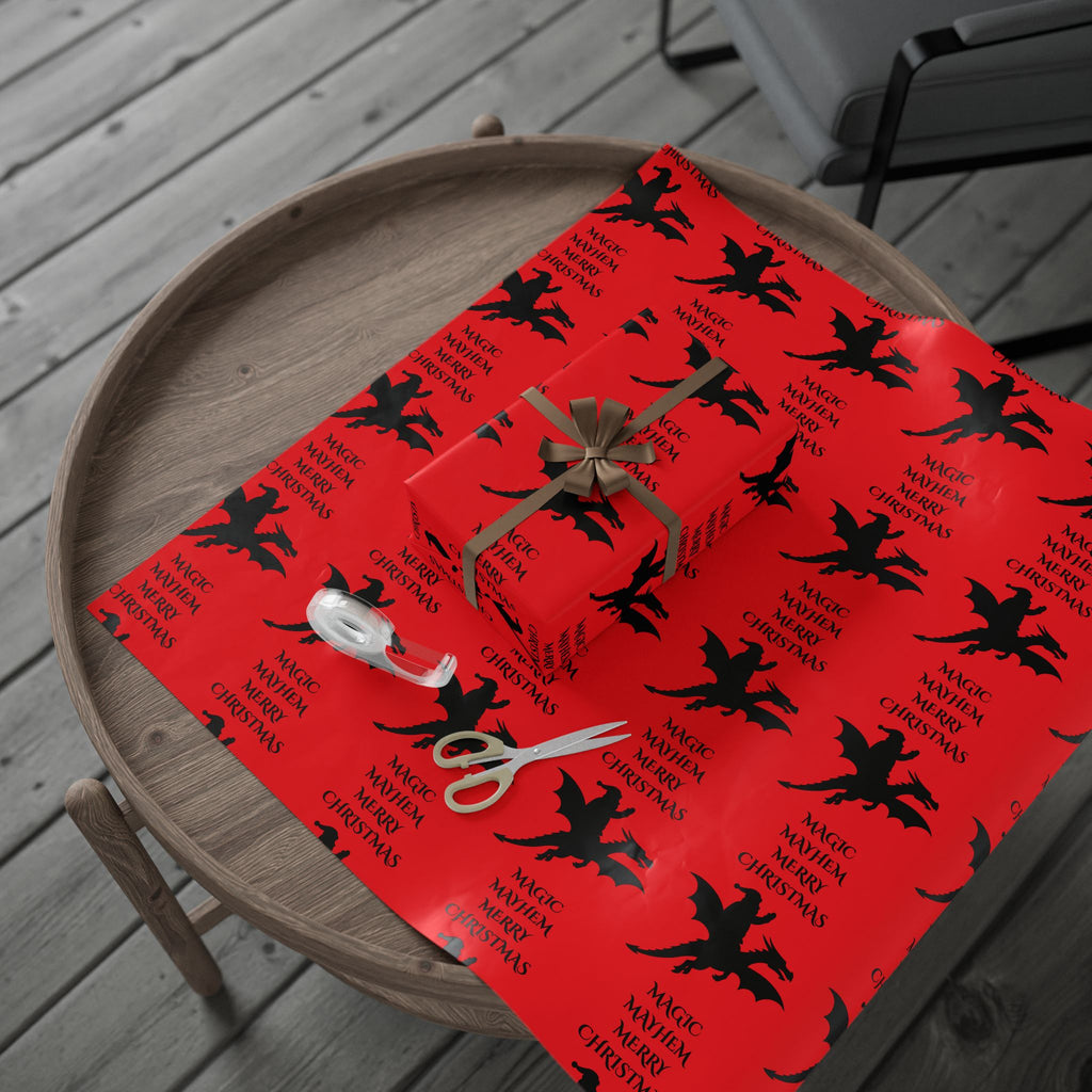 Santa Dragon Magic Mayhem Merry Christmas Wrapping Paper | Halloween Red and Black Santa on a Dragon Print