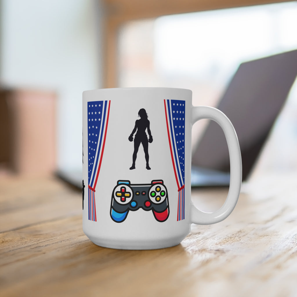 Caffeinate, Fight Fascism, Play Game Eagle with American Flag Mug | 15oz