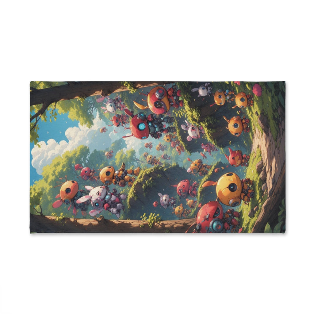 Hand Towel Happy Forest Robots | Kawaii Woodland Characters, Colorful Scenic Print