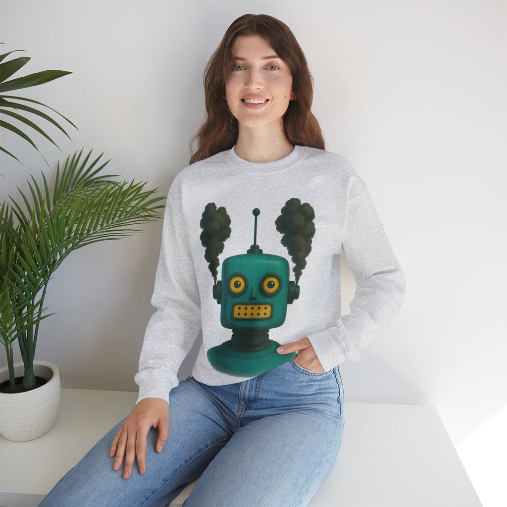 Smoking Robot Graphic Unisex Sweatshirt, Cozy Crewneck Top