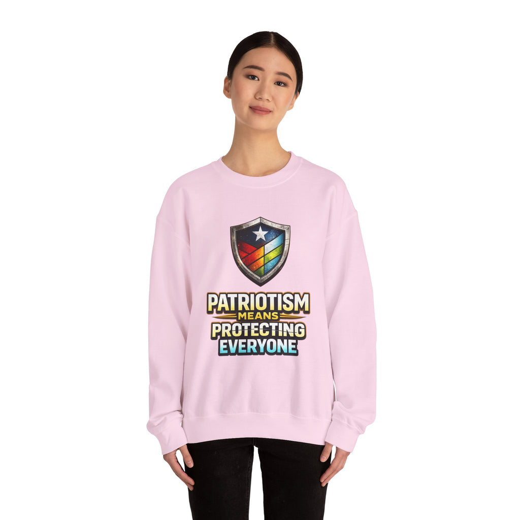 Patriotism Means Protecting Everyone Sweatshirt | Rainbow Shield Flag Design
