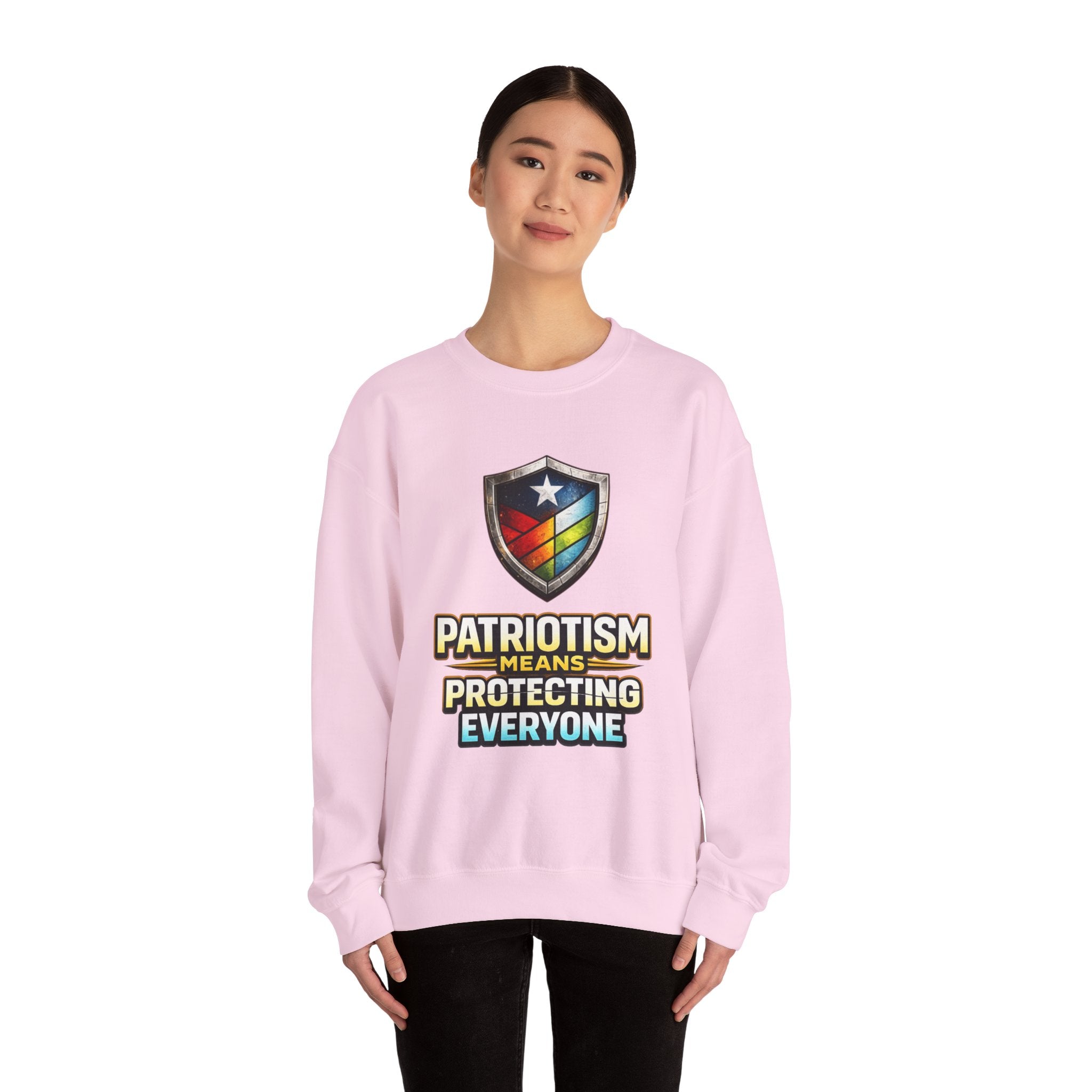 Patriotism Means Protecting Everyone Sweatshirt | Rainbow Shield Flag Design