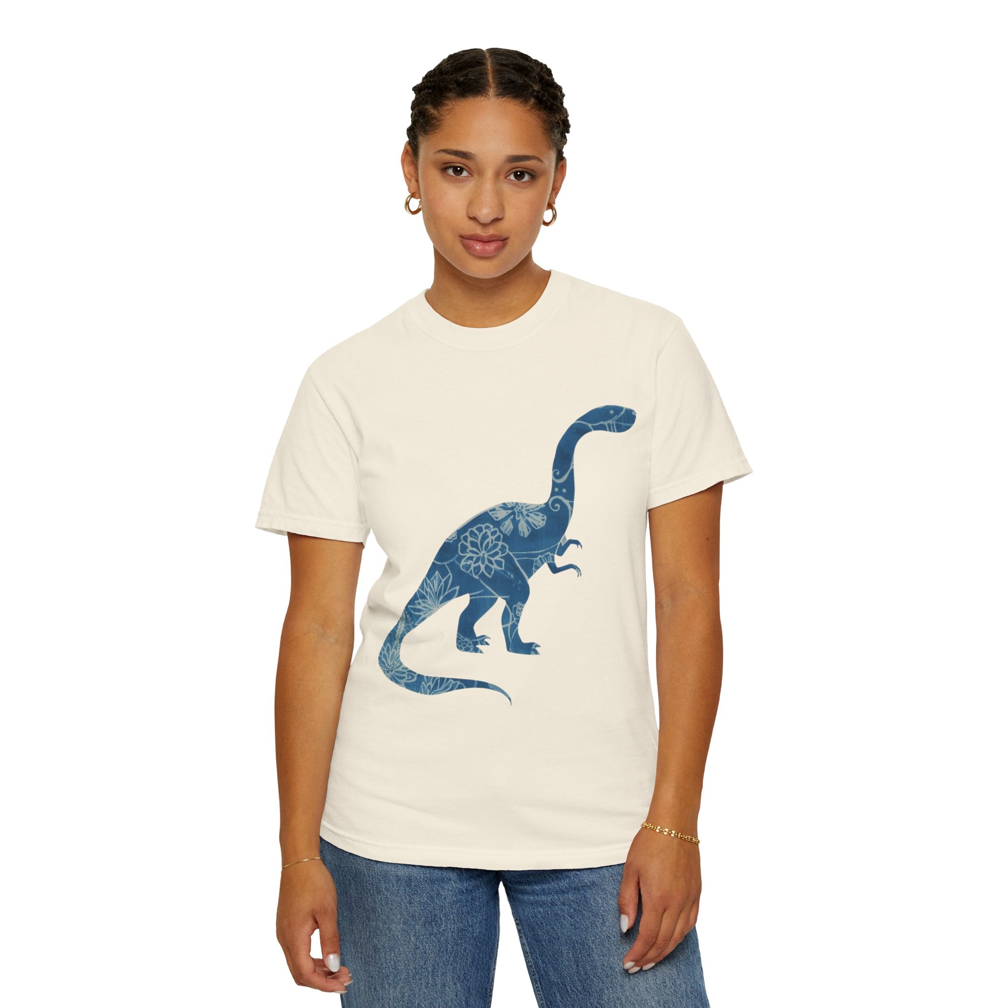 Dinosaur Floral blue chinoiserie Silhouette T-Shirt | Blue Botanical Dino Brontosaurus Tee