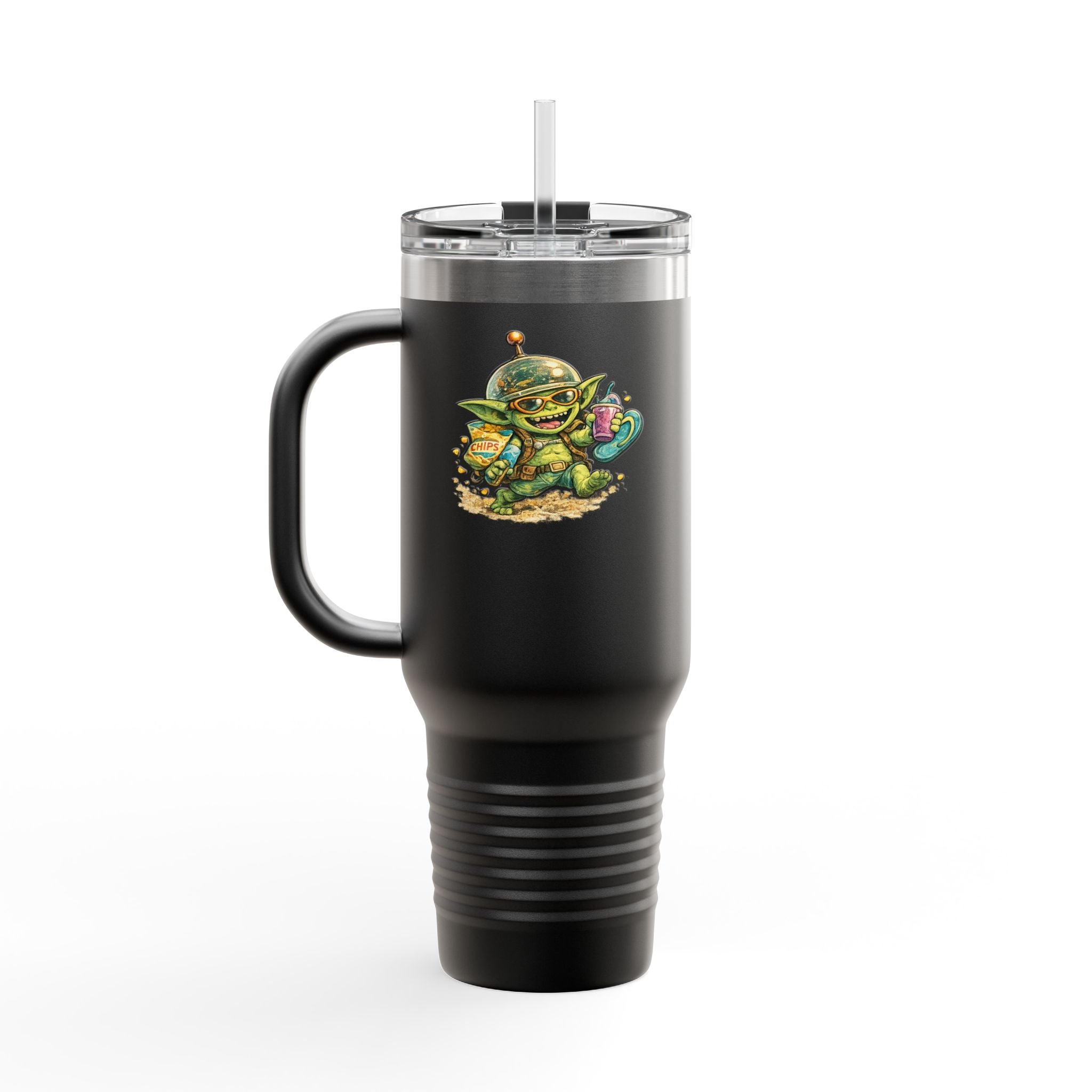 40oz Insulated Travel Mug — Cute Alien Beach Cartoon Tumbler with Handle