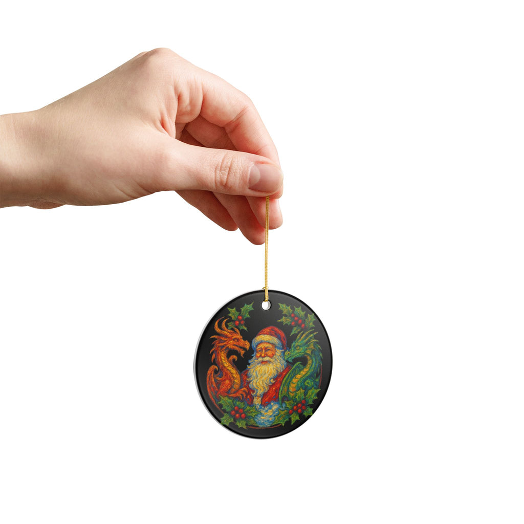 Santa with Red and Green Dragons Ceramic Ornament | Christmas Tree Decoration
