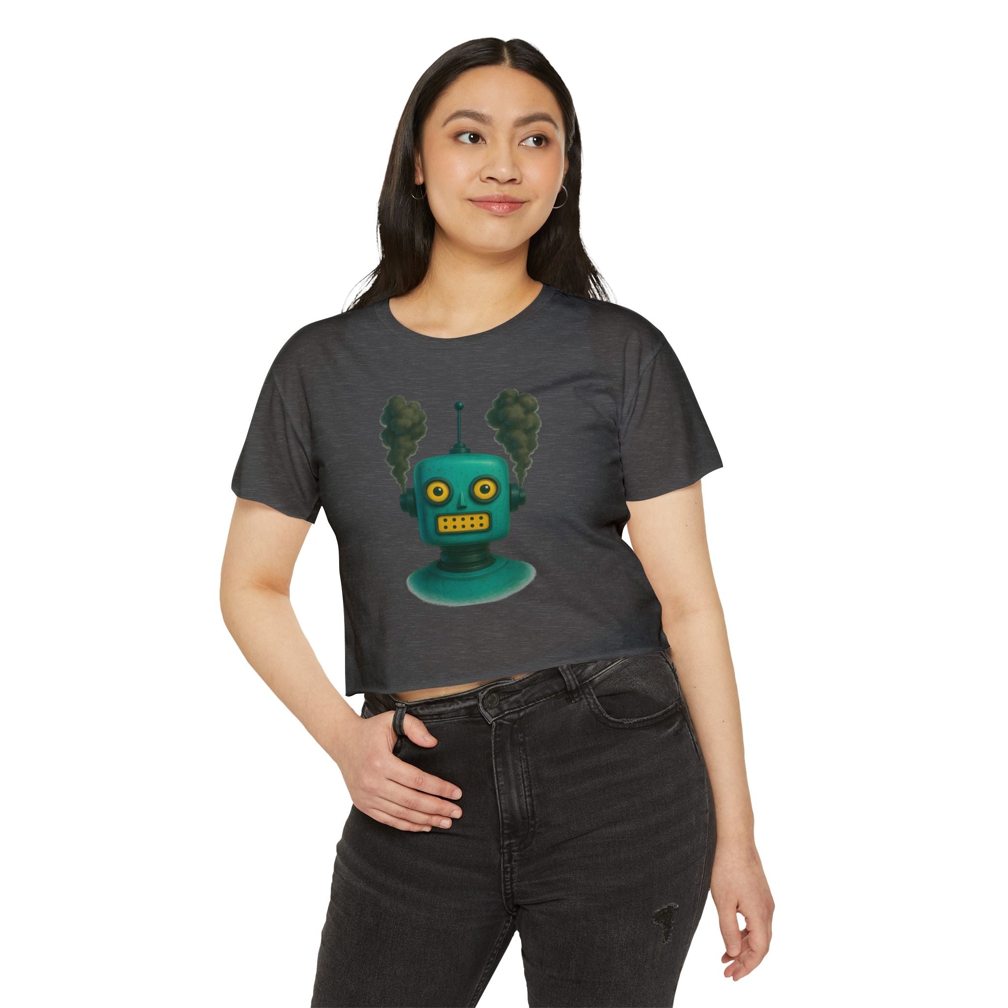 Green Retro Robot Head crop top | Steam-punk robot graphic