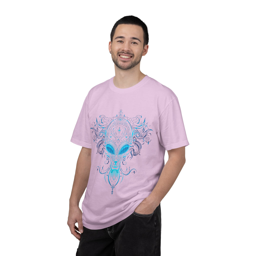 Alien Mask Ornate chinoiserie Blue T-Shirt | Mystical Alien Face Tee