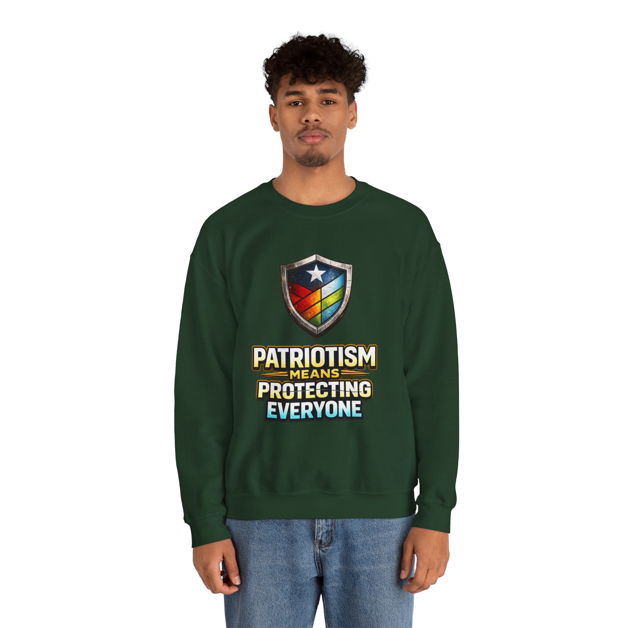 Patriotism Means Protecting Everyone Sweatshirt | Rainbow Shield Flag Design