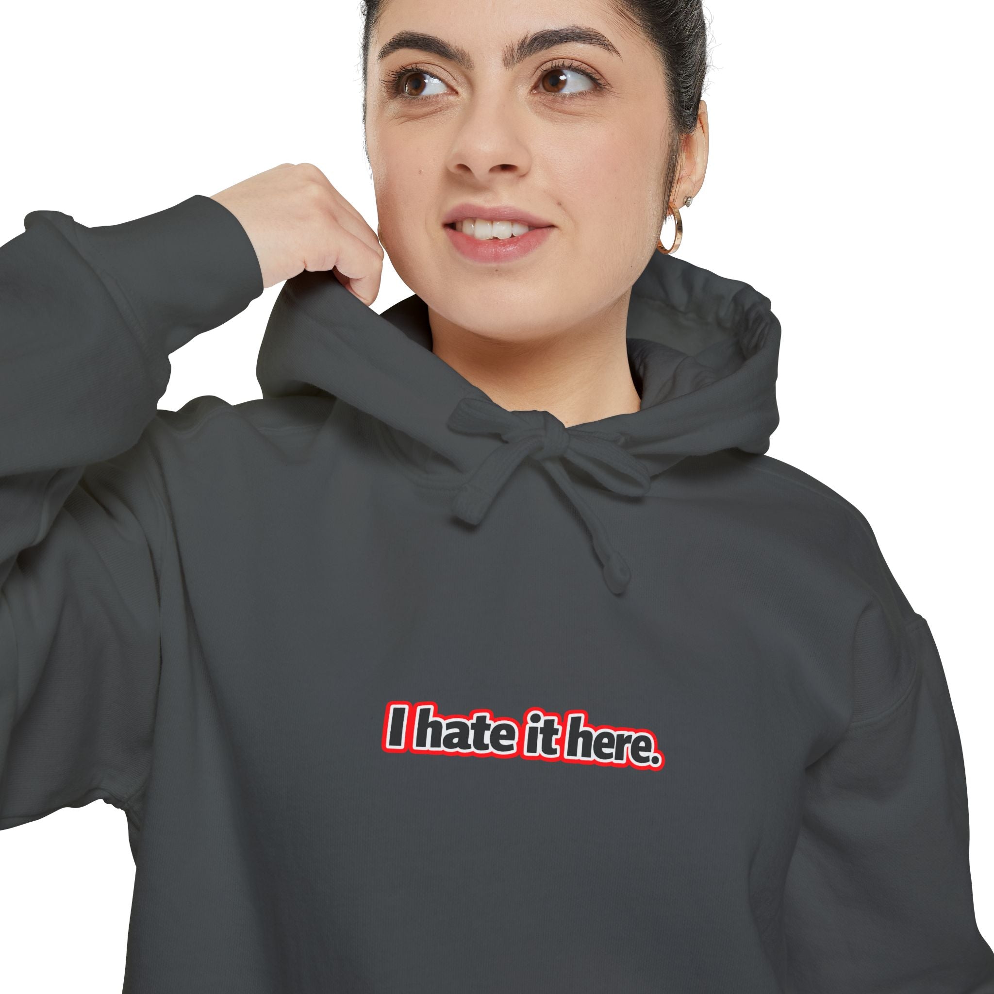 I hate it here, minimalist text design Comfort Colors hoodie