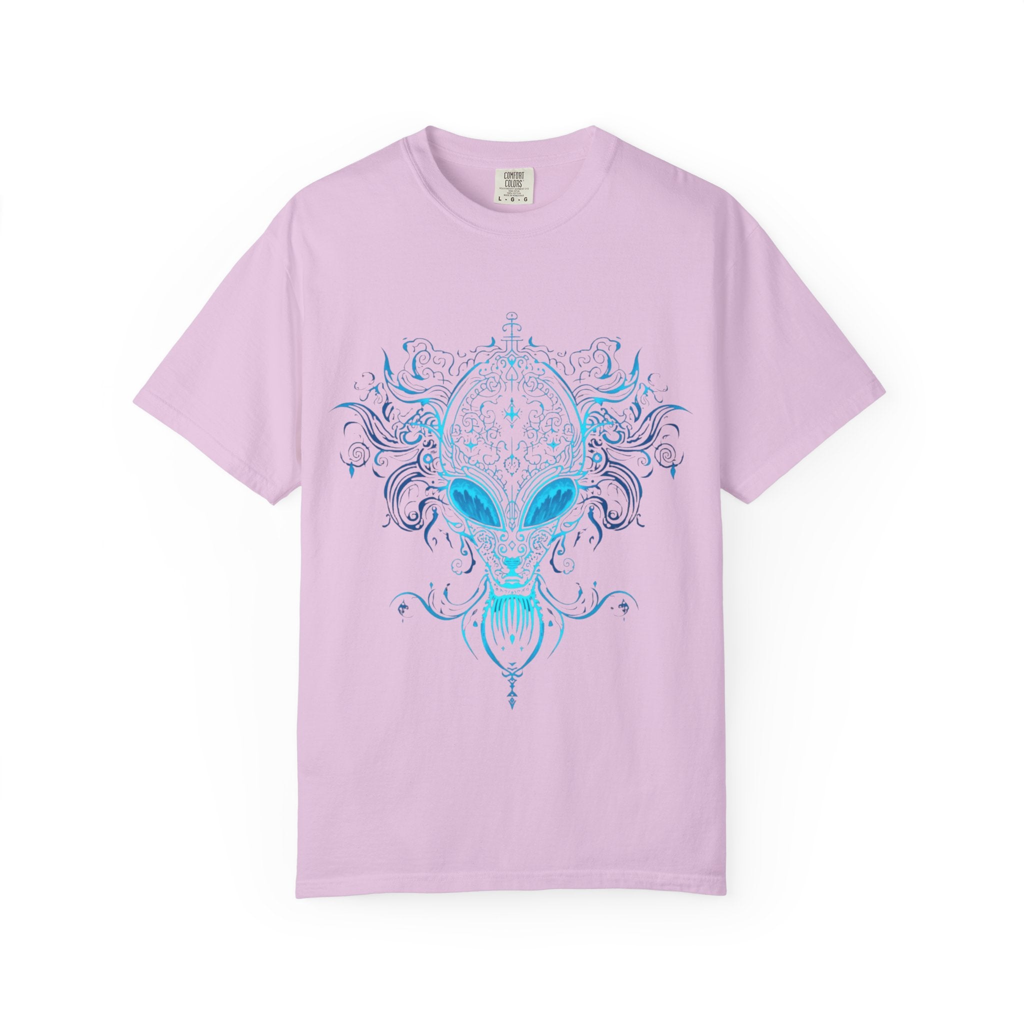 Alien Mask Ornate chinoiserie Blue T-Shirt | Mystical Alien Face Tee