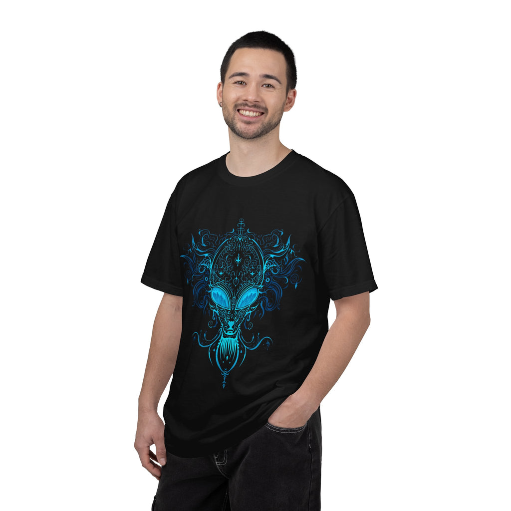 Alien Mask Ornate chinoiserie Blue T-Shirt | Mystical Alien Face Tee