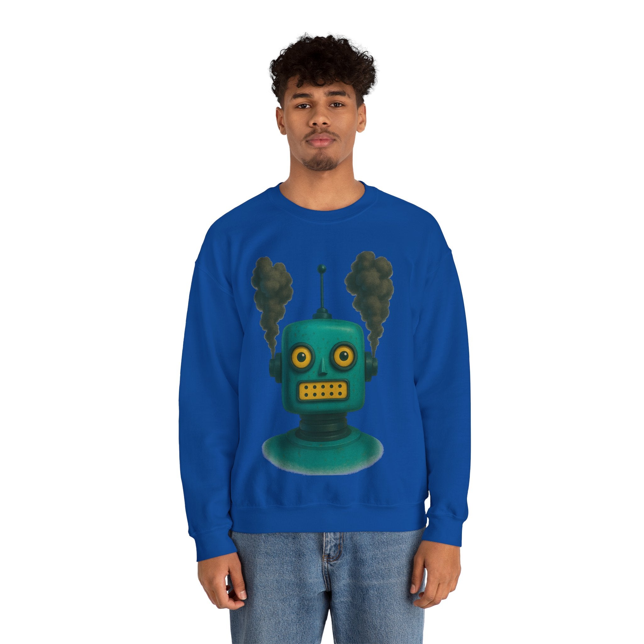 Smoking Robot Graphic Unisex Sweatshirt, Cozy Crewneck Top