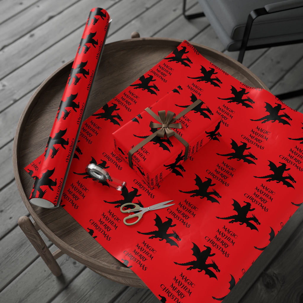 Santa Dragon Magic Mayhem Merry Christmas Wrapping Paper | Halloween Red and Black Santa on a Dragon Print