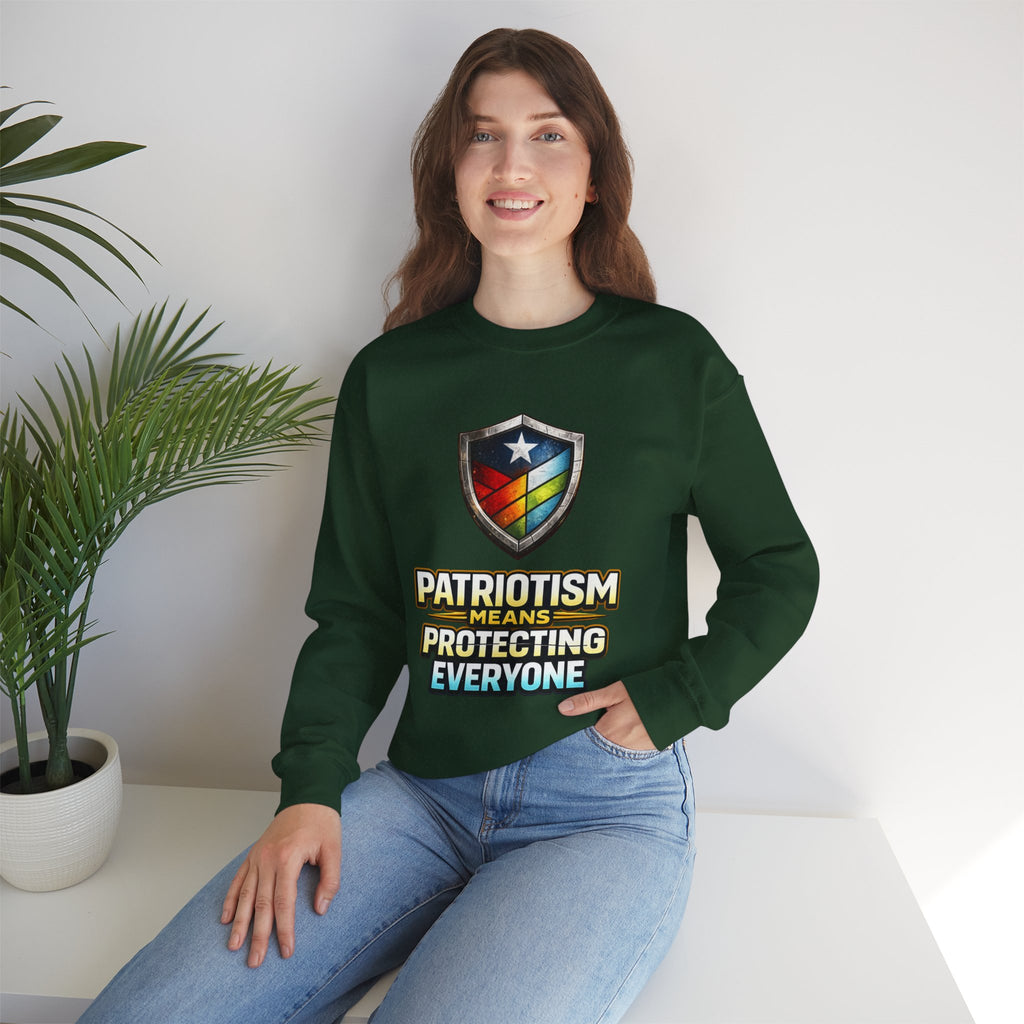 Patriotism Means Protecting Everyone Sweatshirt | Rainbow Shield Flag Design