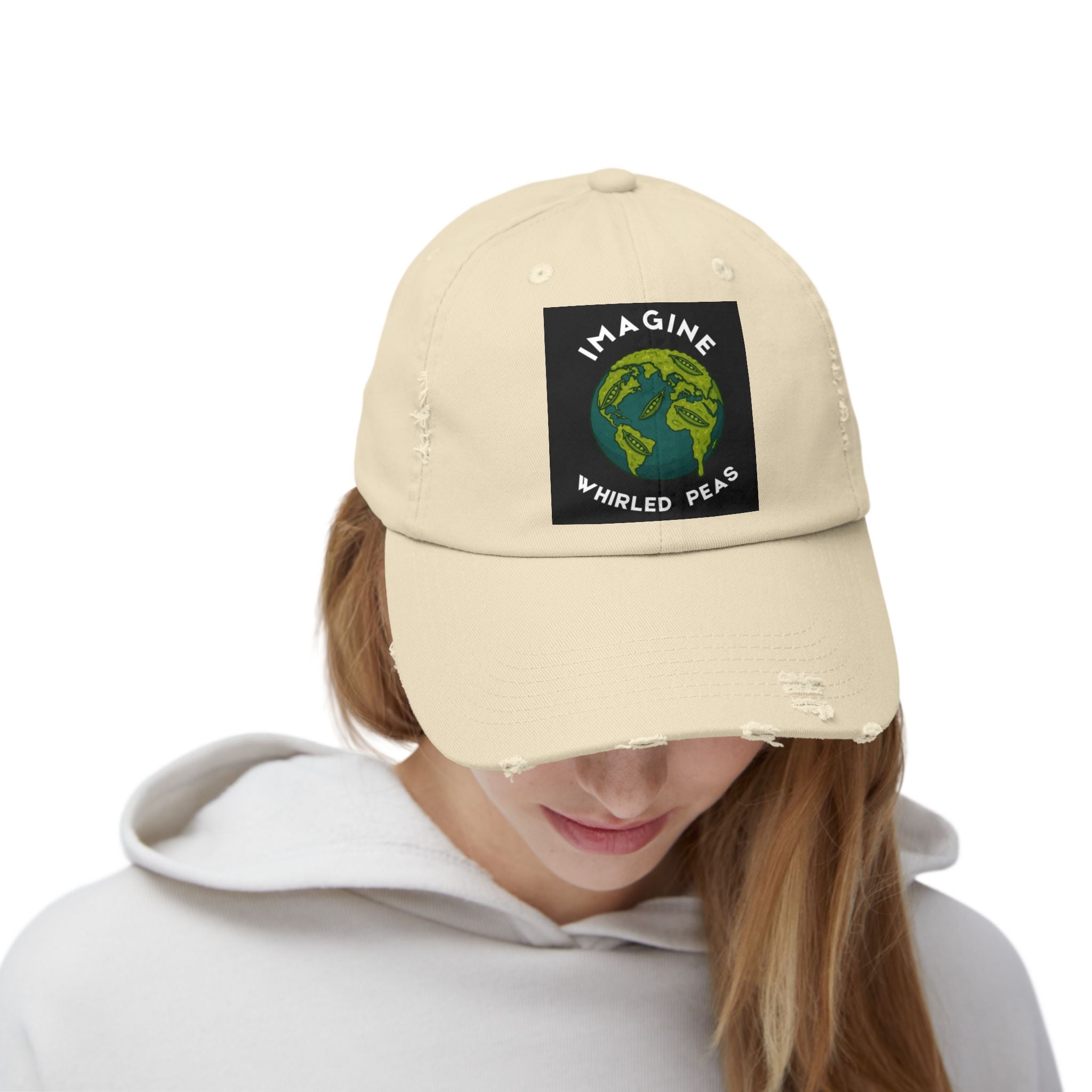 Imagine Whirled Peas Distressed Cap – World Peace Pun Hat