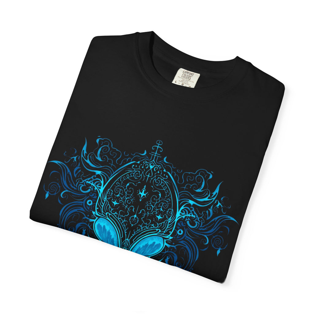 Alien Mask Ornate chinoiserie Blue T-Shirt | Mystical Alien Face Tee