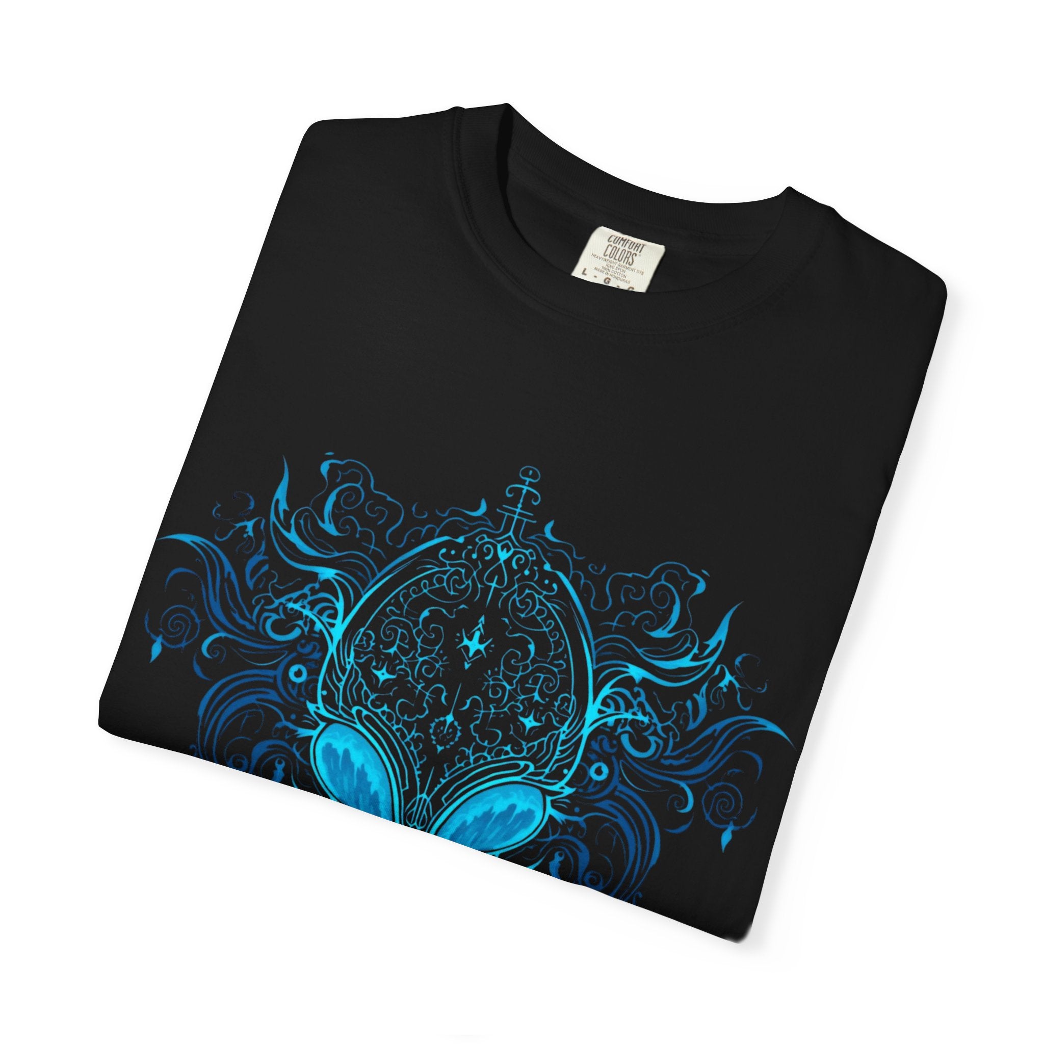 Alien Mask Ornate chinoiserie Blue T-Shirt | Mystical Alien Face Tee