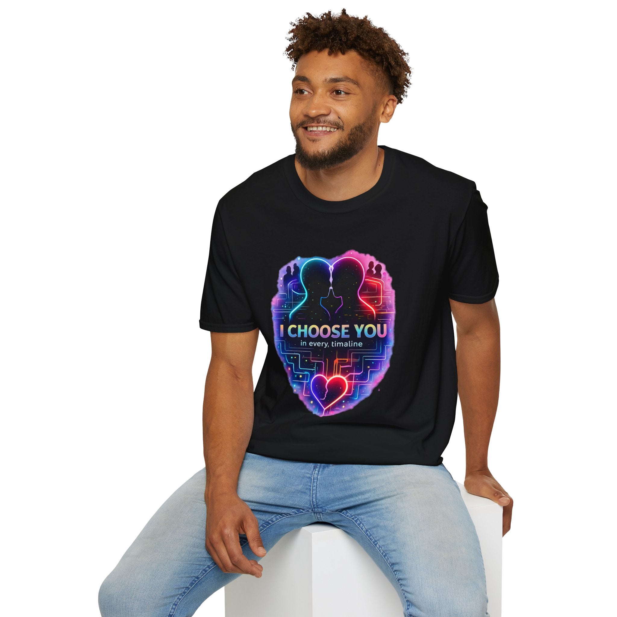 I Choose You  in Every Timeline silhouette heart T-Shirt | Neon LBGTQ couple, love phrase