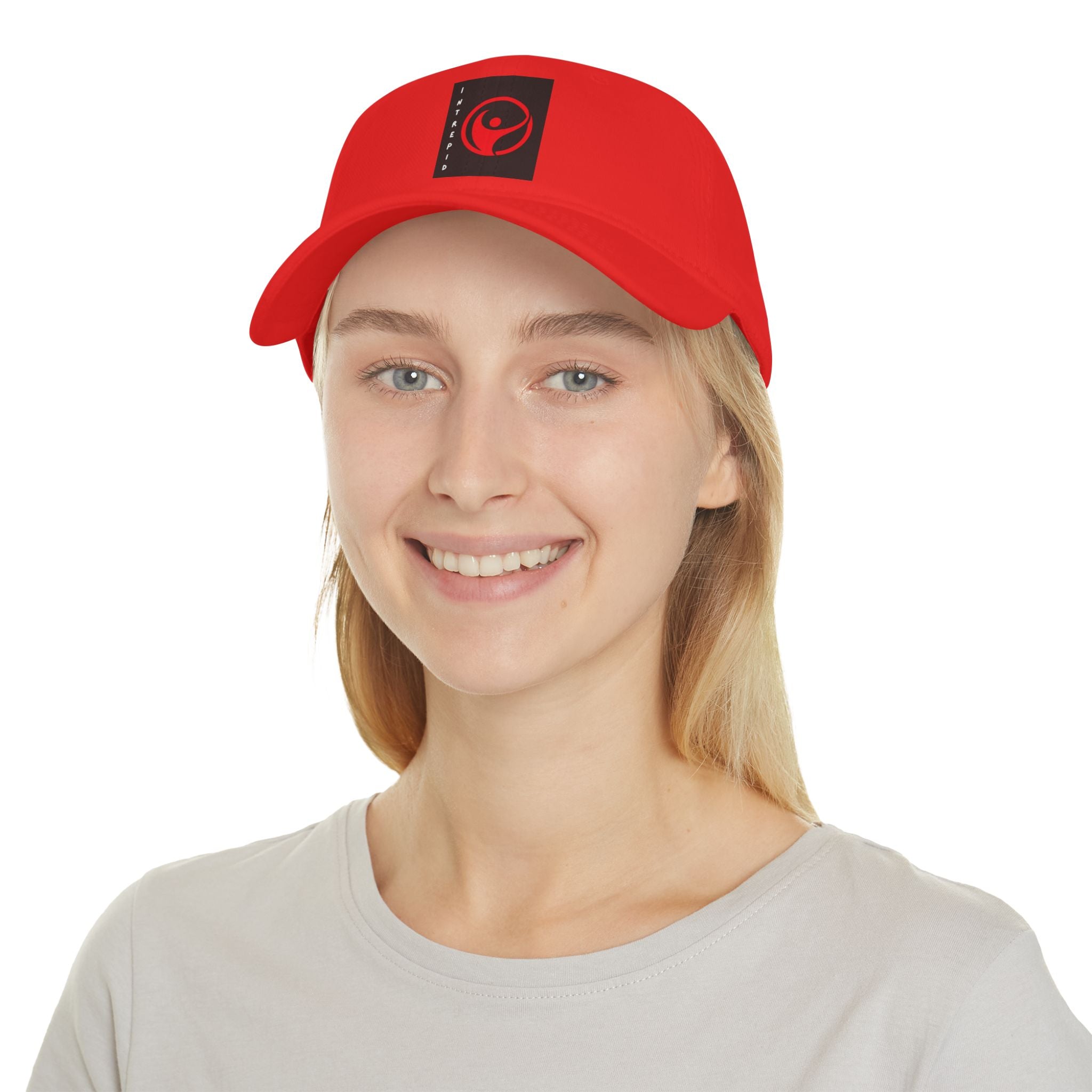 Intrepid Red Circular Logo Baseball Cap | Minimal Emblem, Black Square Patch