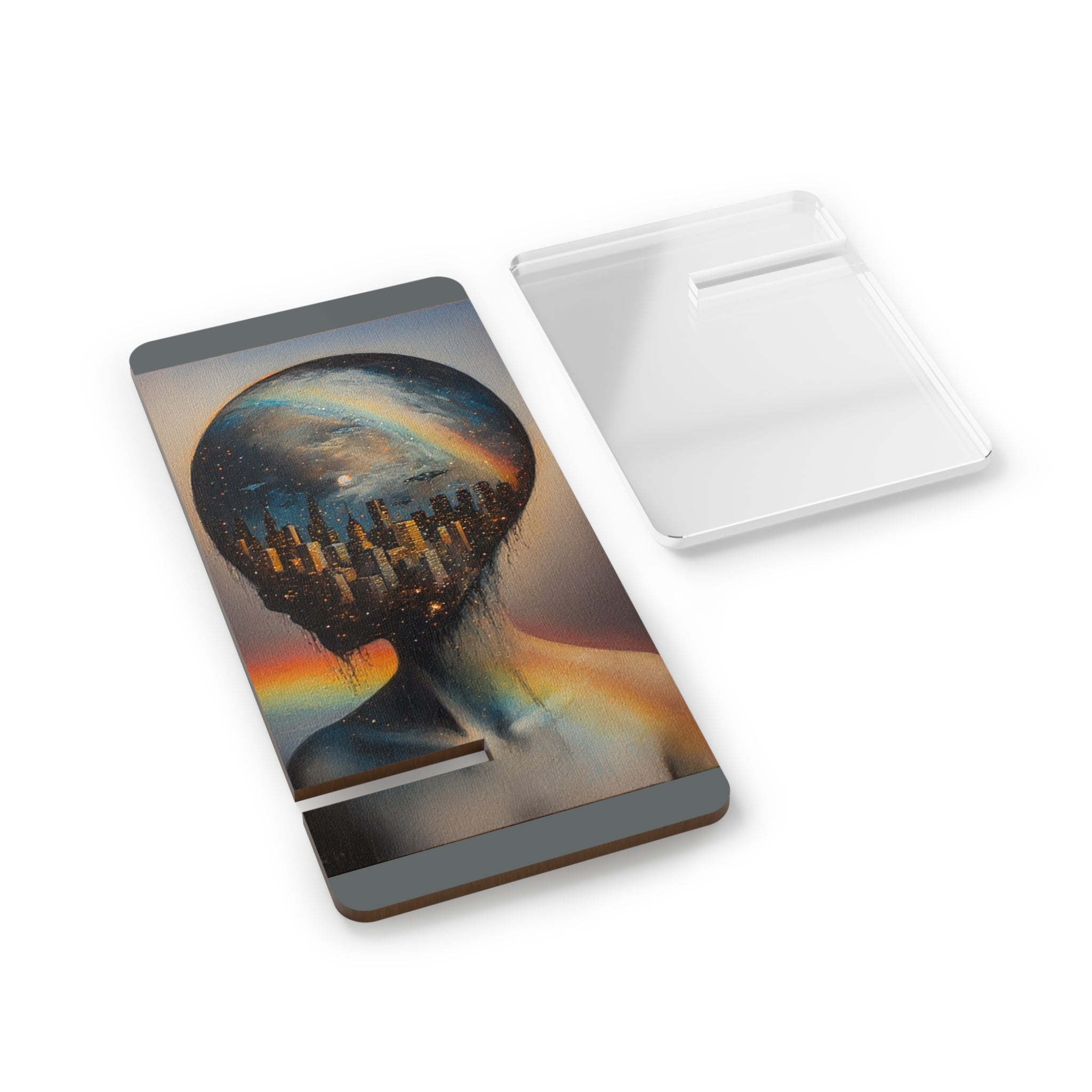 Mr. Infinity Surreal Cityscape Head Artwork Mobile Display Stand for Smartphones | Acrylic Phone Dock