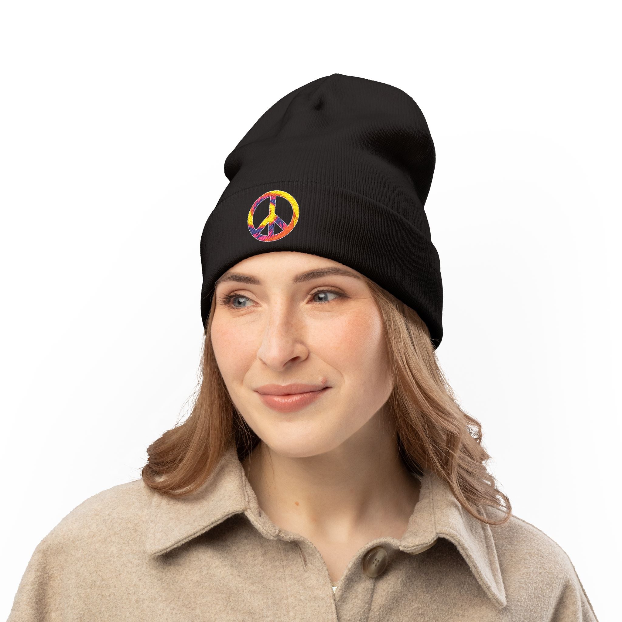 Embroidered Tie-Dye Peace Sign Beanie