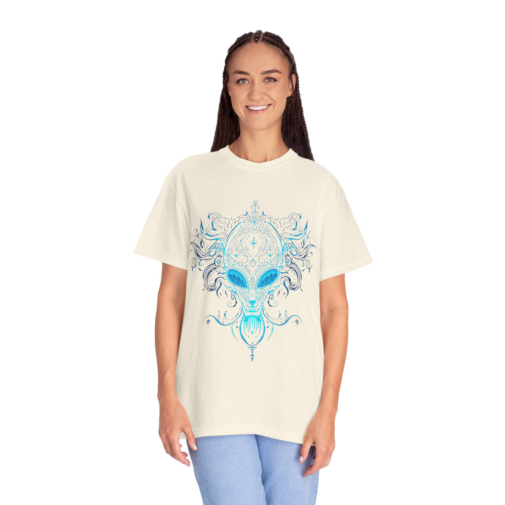 Alien Mask Ornate chinoiserie Blue T-Shirt | Mystical Alien Face Tee