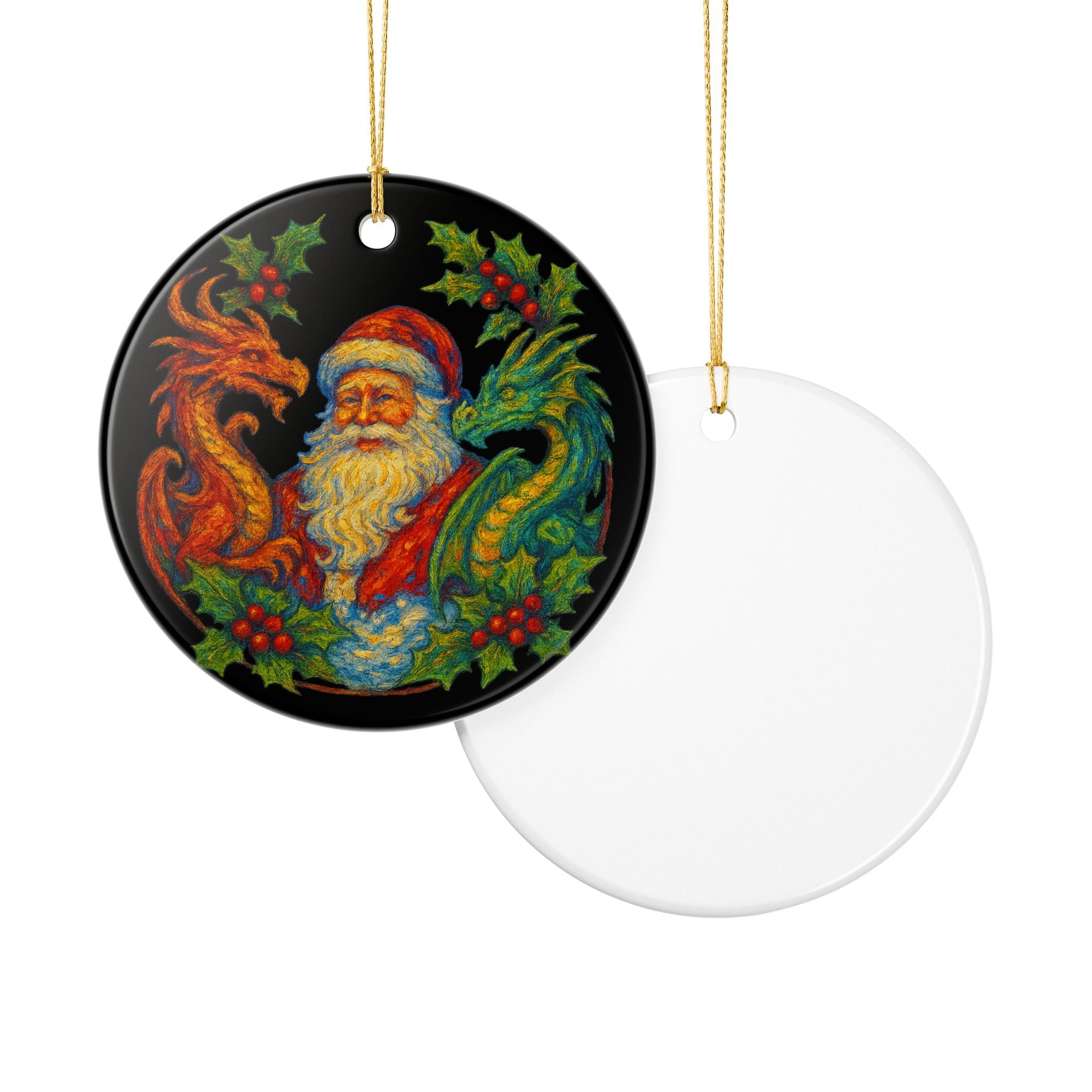 Santa with Red and Green Dragons Ceramic Ornament | Christmas Tree Decoration