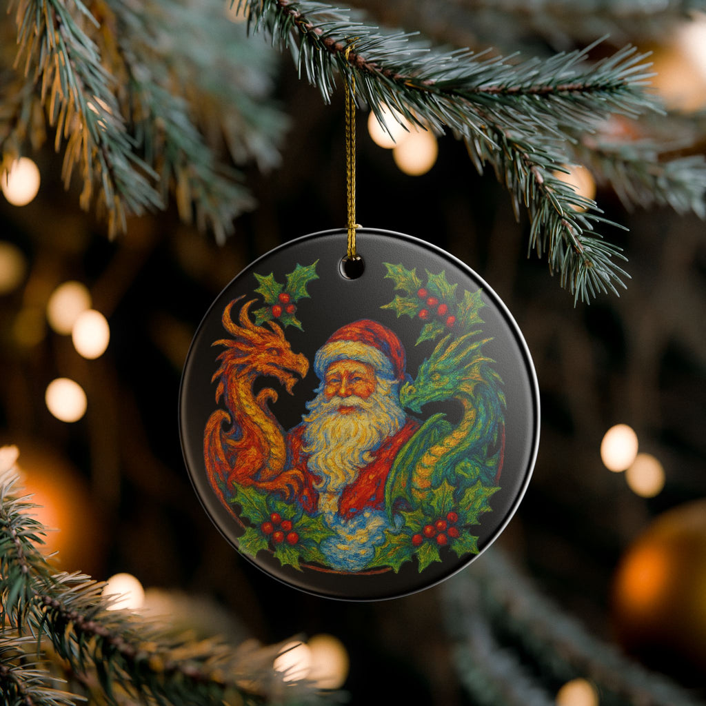 Santa with Red and Green Dragons Ceramic Ornament | Christmas Tree Decoration