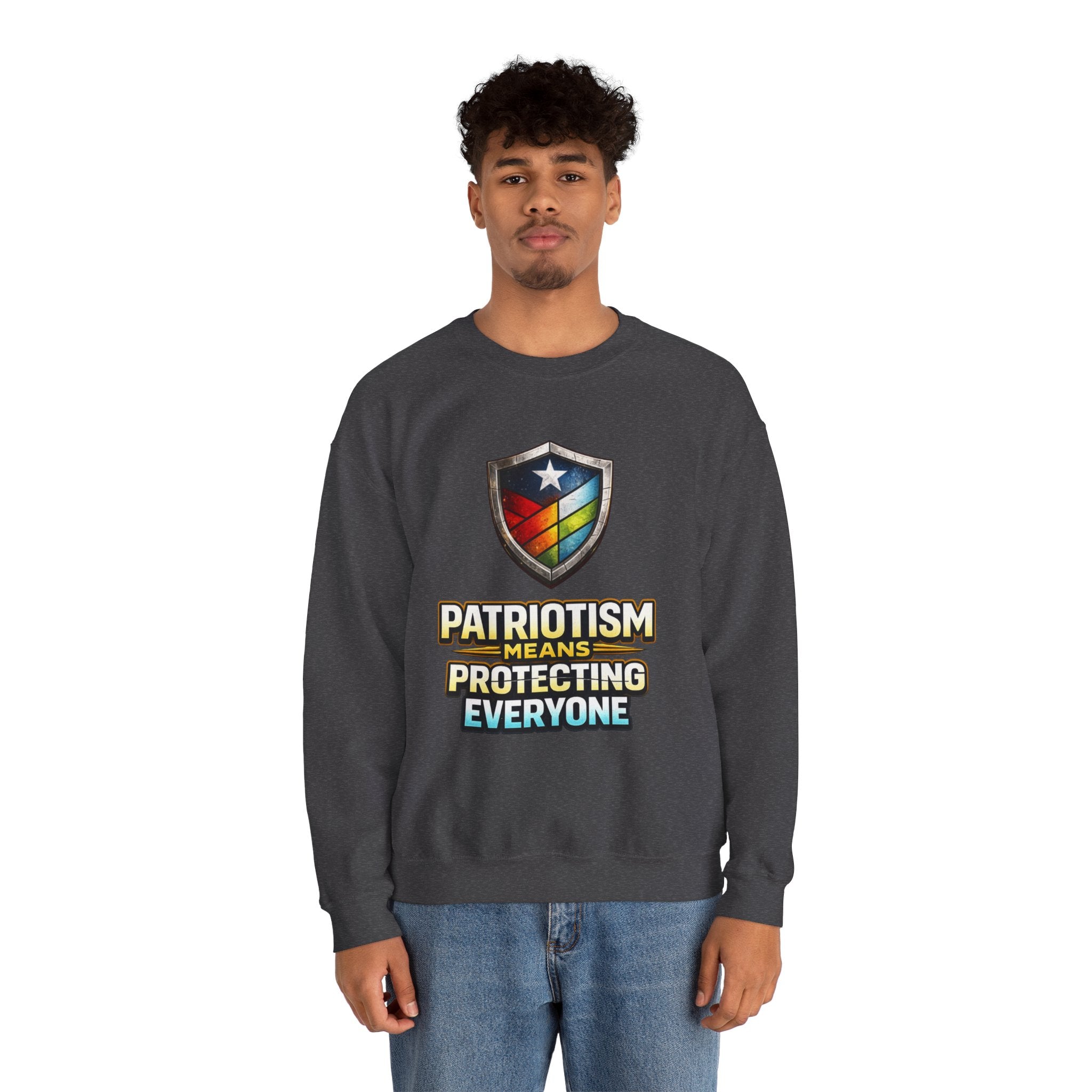 Patriotism Means Protecting Everyone Sweatshirt | Rainbow Shield Flag Design