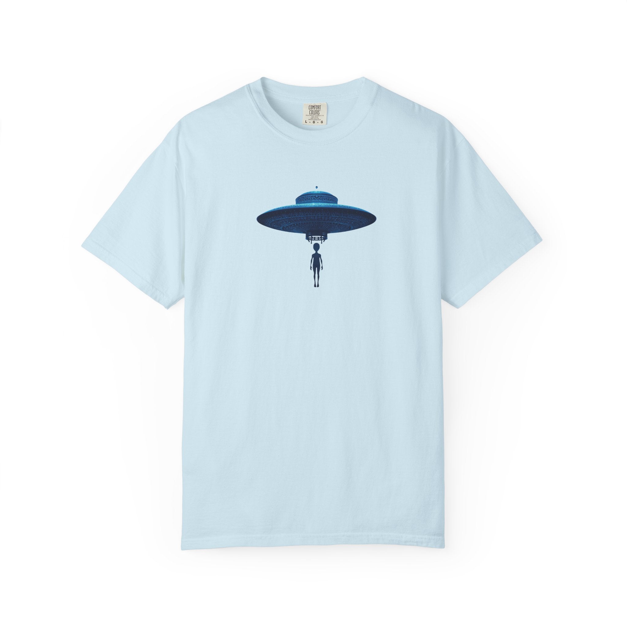 UFO Abduction T-shirt | Minimal Alien Spaceship blue chinoiserie Graphic