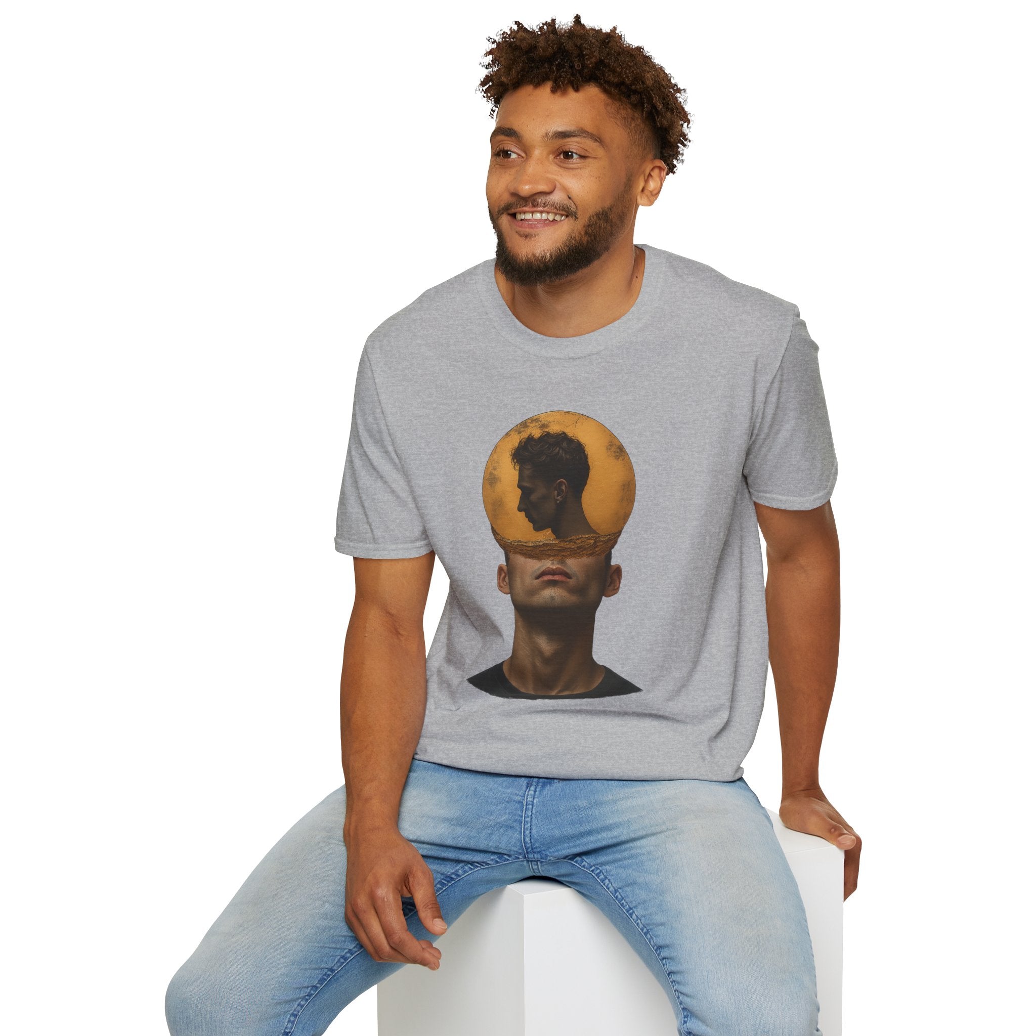 Surreal Double Portrait T-Shirt | Abstract Head Silhouette, Moon Circle