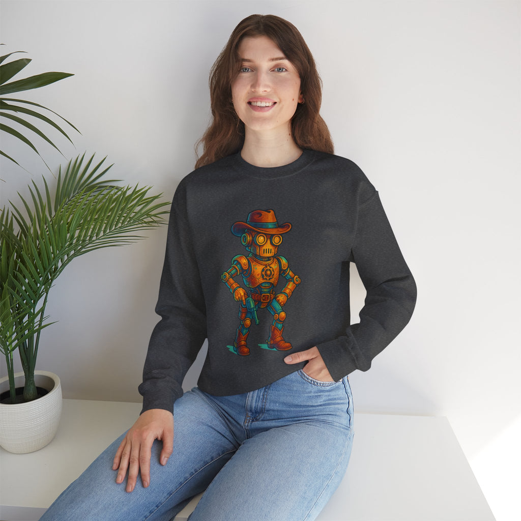 Steampunk Cowboy Robot Crewneck Sweatshirt | Retro Western Robot Artwork
